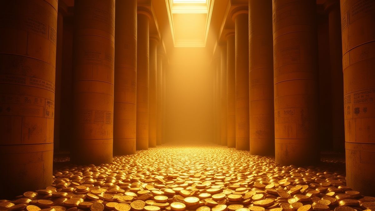 Golden coins shining inside an ancient Egyptian chamber.