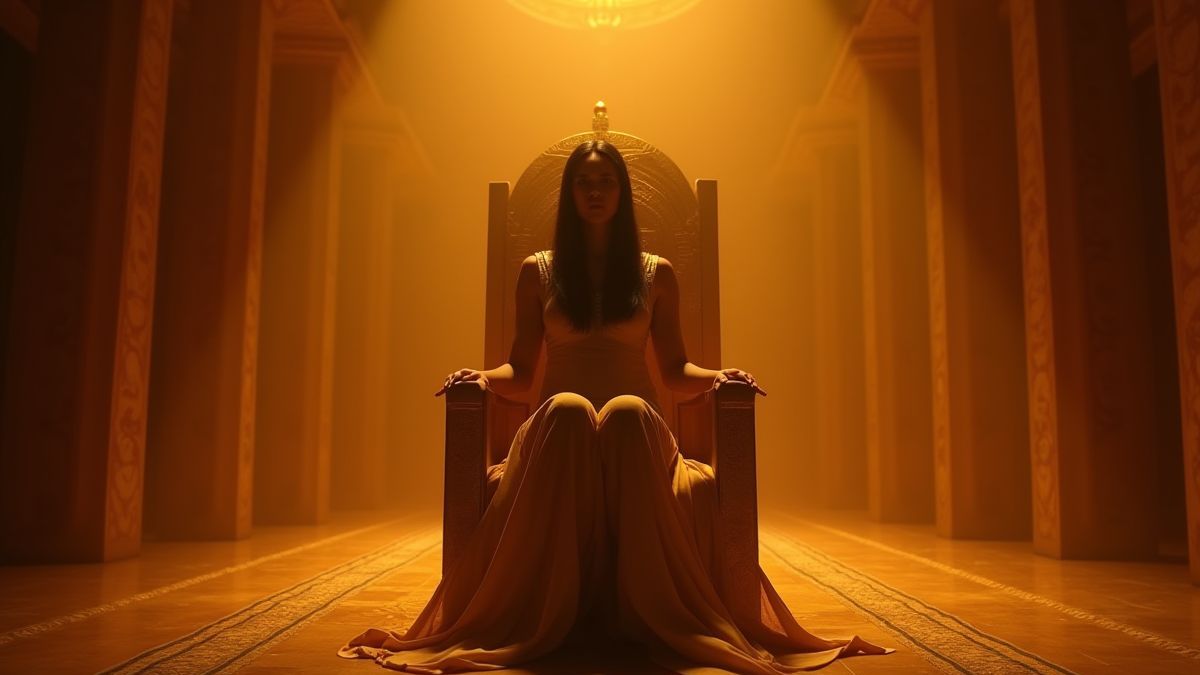 Mysterious Egyptian queen sitting on her golden throne in a glowing chamber.