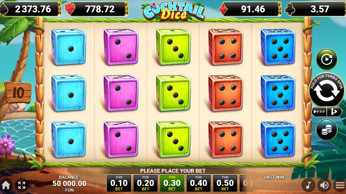 Cocktail Dice base game on a 5x3 grid with 10 fixed lines and Jackpot Cards meters