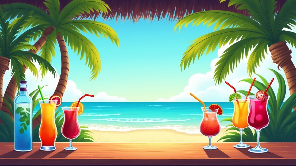 A beach bar with palm trees and colorful cocktails.