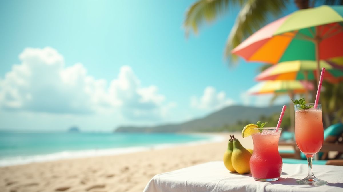 A sunny beach with colorful umbrellas and cocktails on a table.