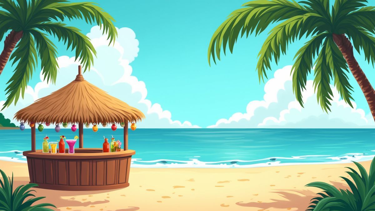Tropical tiki bar with cocktails and palm trees.