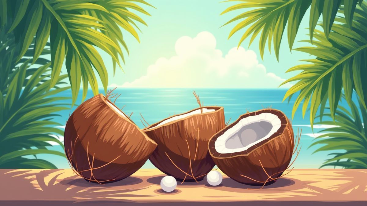 Coconut shells on a tropical table with a hidden pearl.