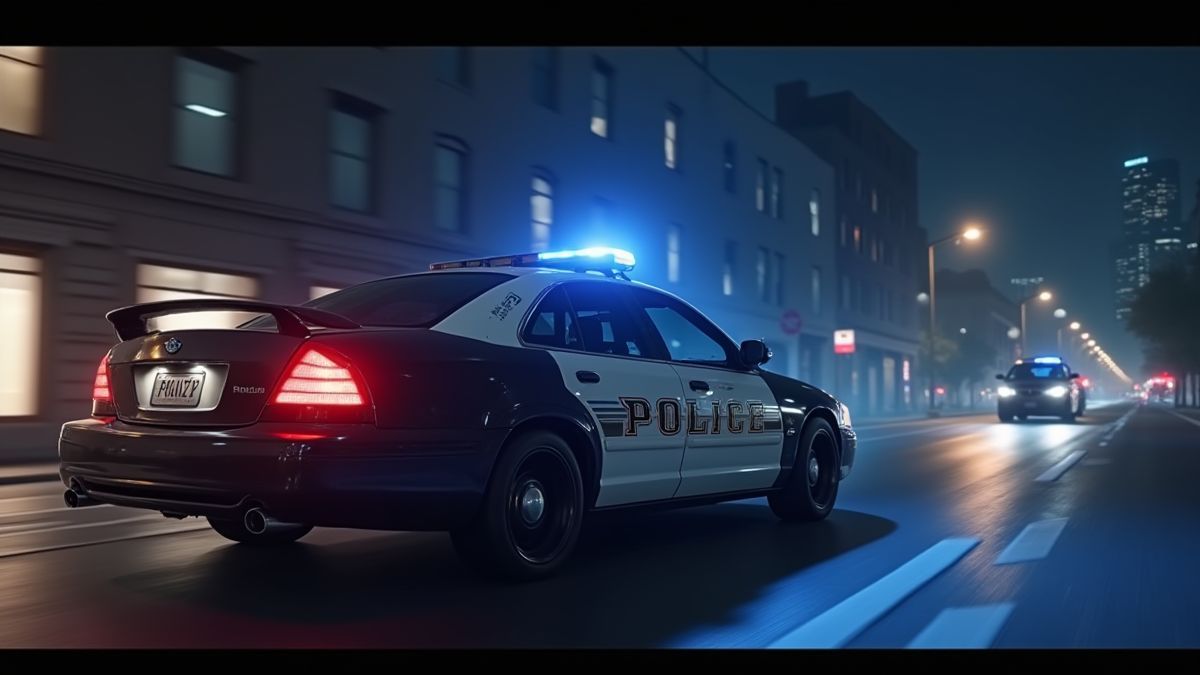 Animiertes Polizeiauto, das einen Verdächtigen in der Stadt verfolgt.