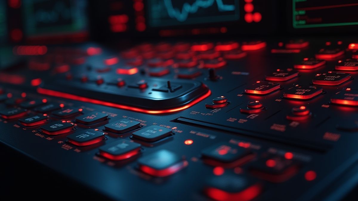 Panneau de contrôle futuriste avec boutons lumineux.