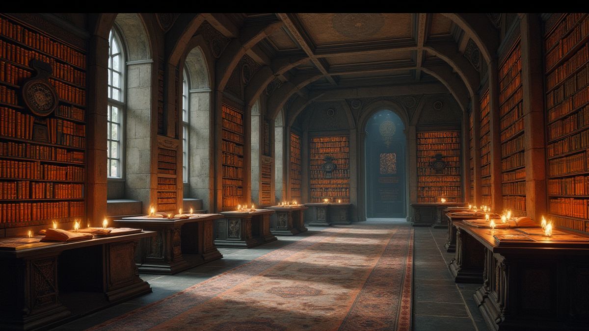 Interior de uma biblioteca antiga com runas brilhantes e artefatos místicos espalhados.