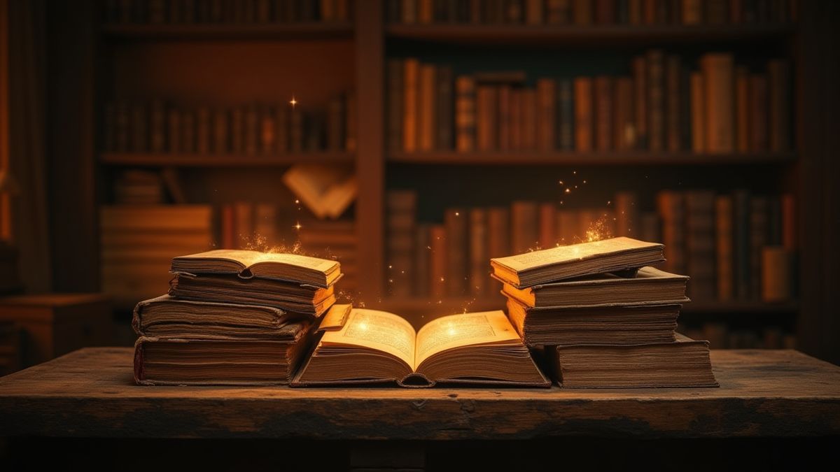 Libros antiguos brillando en una mesa en una habitación tenue.