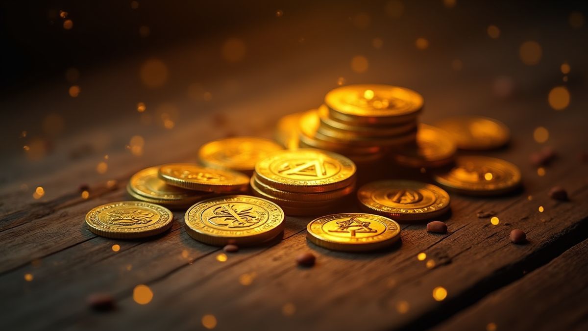 Monedas doradas y runas místicas brillando en una mesa de madera.
