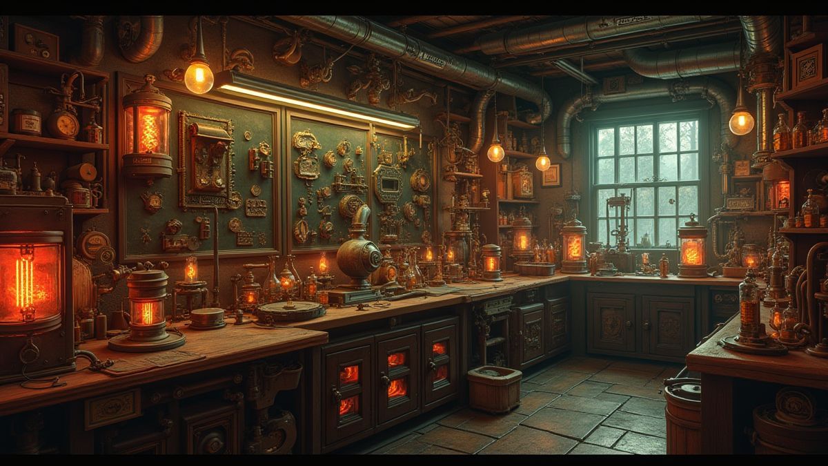 Steampunk-Labor mit elektrischen Spulen und Vintage-Maschinen.