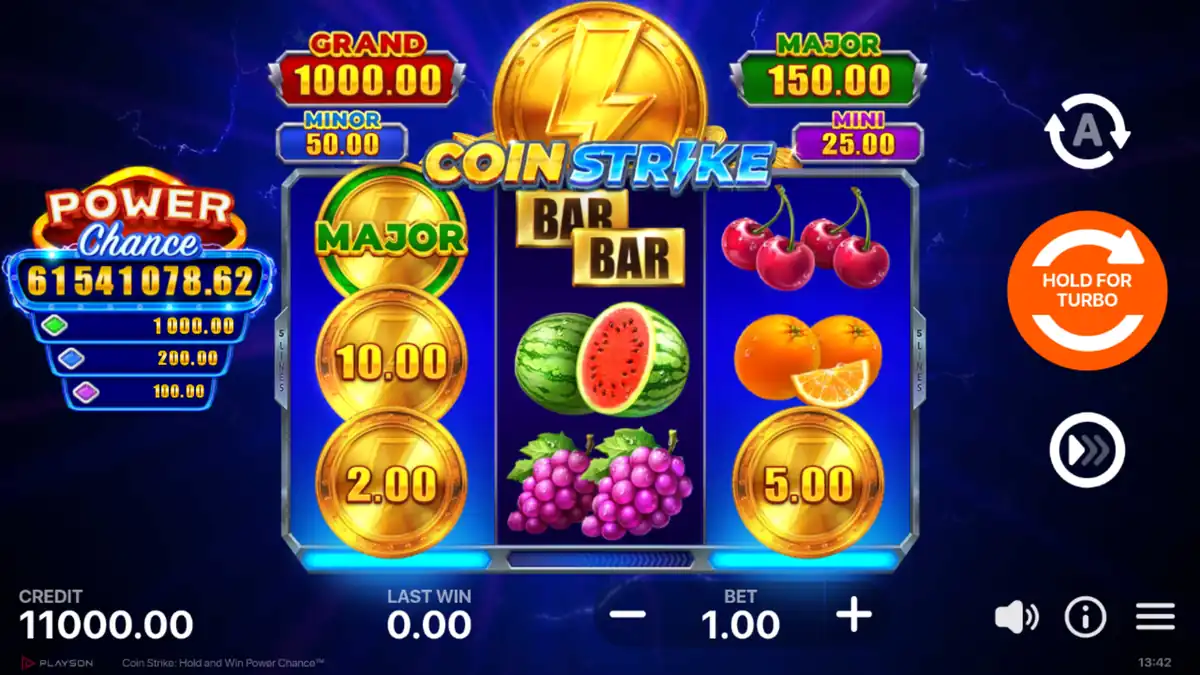 Coin Strike Hold and Win Power Chance base game on a 3x3 grid with five fixed lines