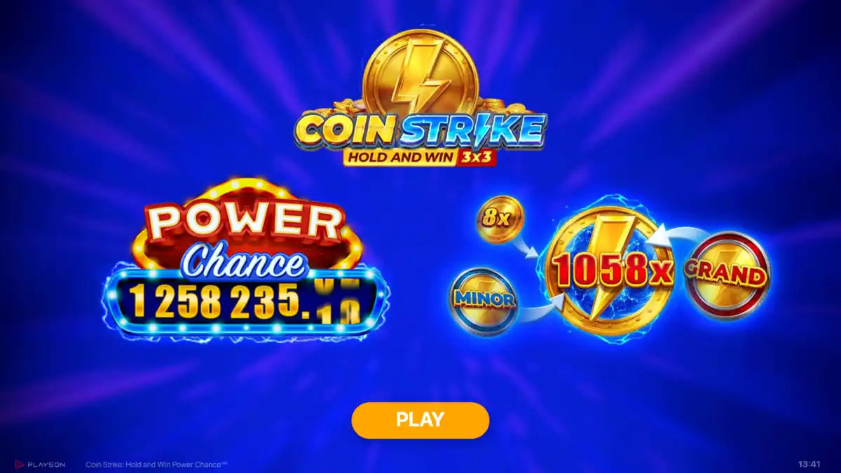 Coin Strike intro screen with the Power Chance meter and coins combining into a 1058x prize