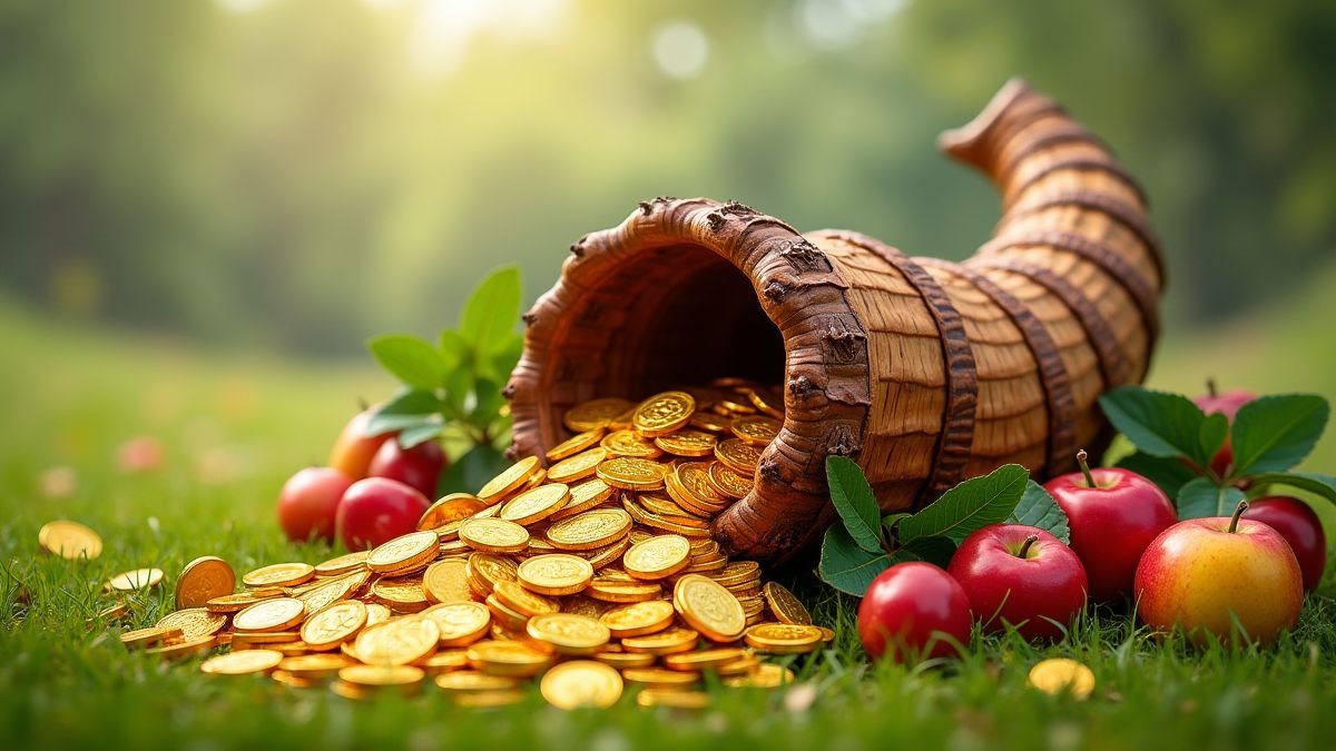 Magical cornucopia filled with coins and fruits in a green meadow.