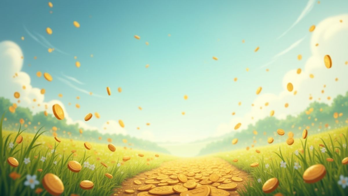 Fairy-tale landscape with golden coins falling from the sky.