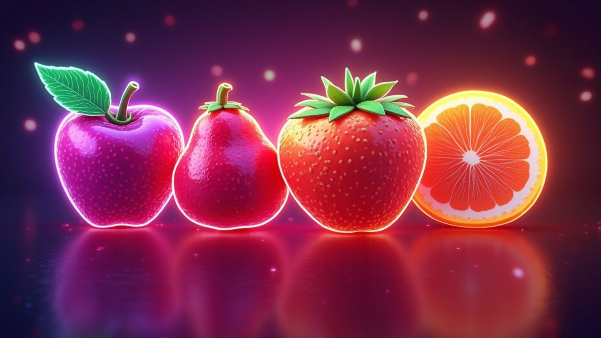 2D fruit symbolen met glanzende neon effecten.