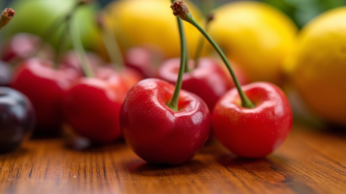 Frutas vibrantes sobre uma mesa de madeira brilhante.