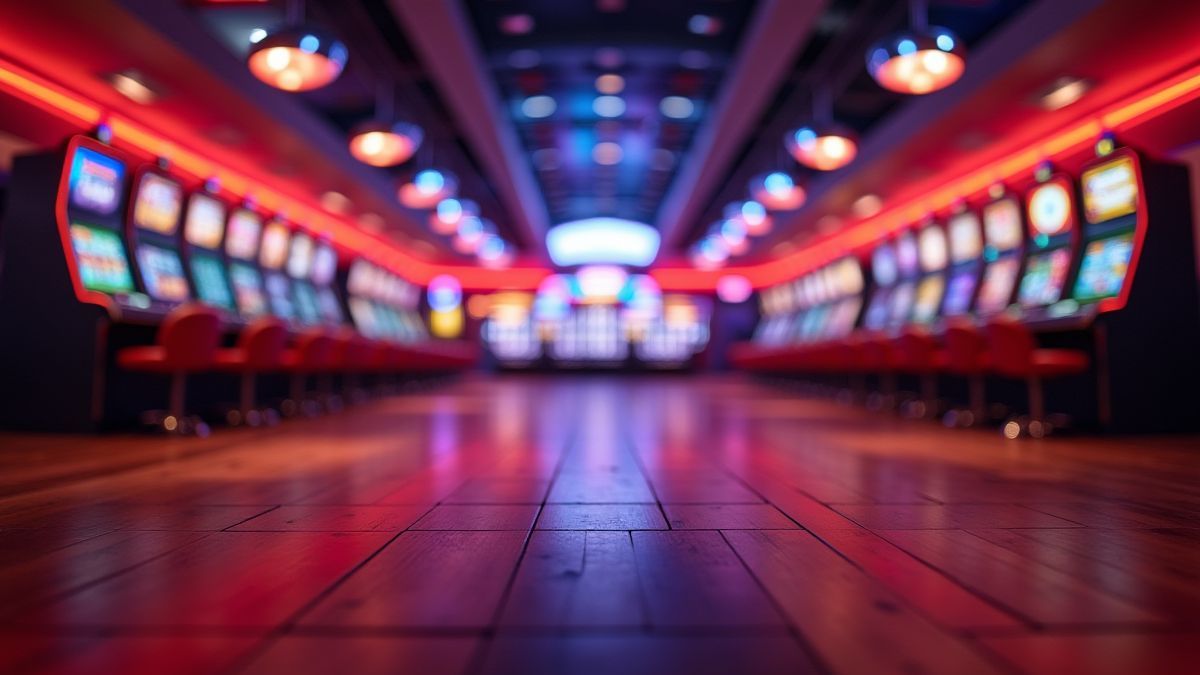 Um cassino cheio de luzes vibrantes e ambiente alegre.