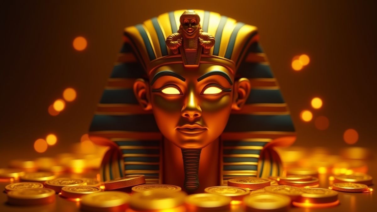 Une masque doré de pharaon entouré de pièces brillantes.