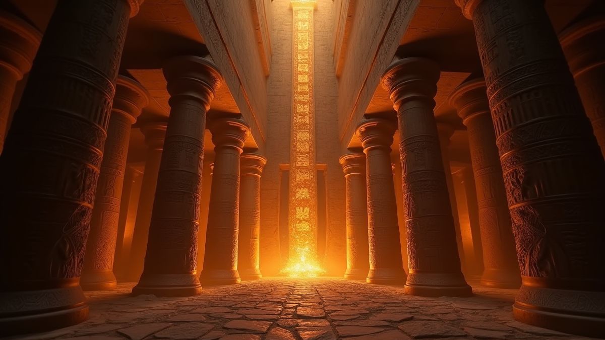 Un temple égyptien mystique avec des hiéroglyphes brillants.