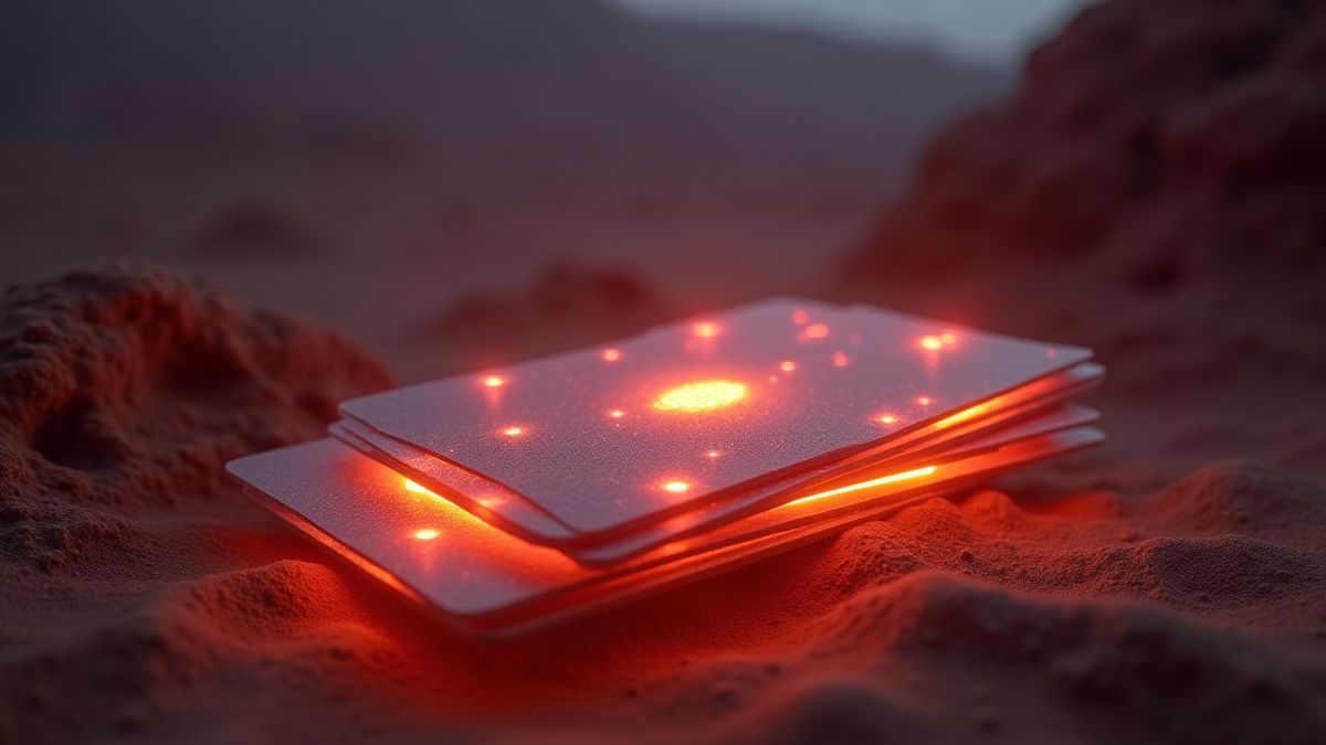 Cartas brillantes flotando en un entorno desértico místico.