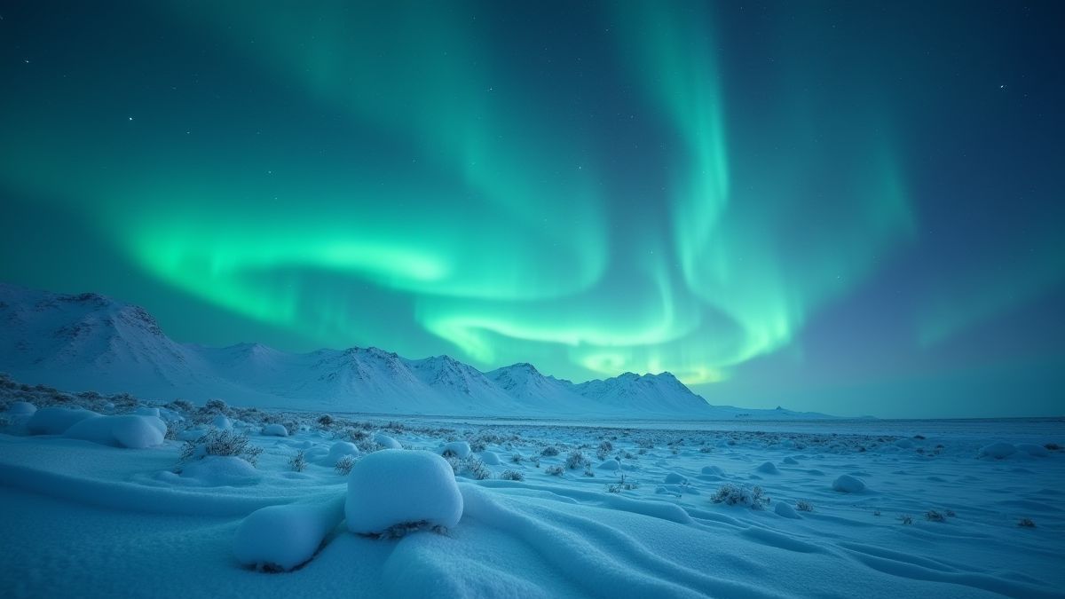 Aurora boreal iluminando campos nevados e cristais de gelo.