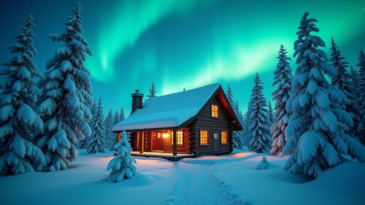 Cabana aconchegante entre árvores geladas e auroras boreais.