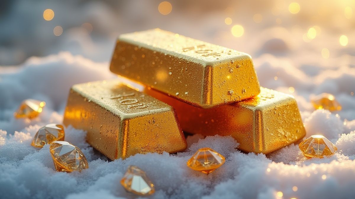Lingots d'or et diamants sur une surface gelée.