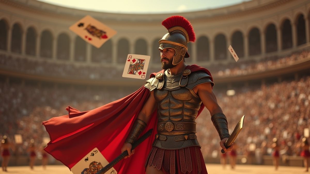 Roman gladiator with poker cards as weapons in an arena.
