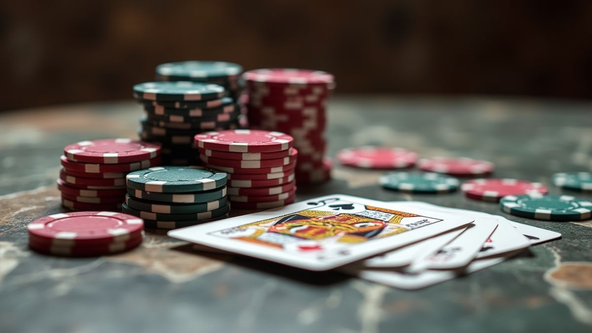 Poker chips and cards on a Roman marble table.