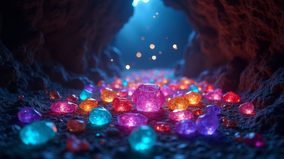 Gemas brillantes en una cueva mágica