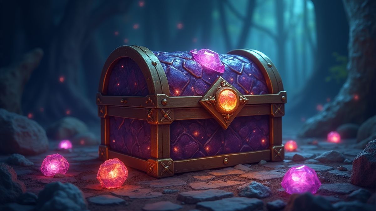 Cofre del tesoro rodeado de gemas