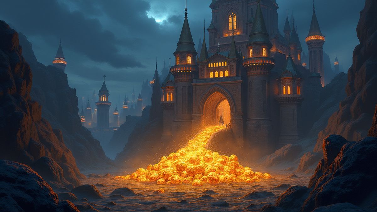 Mythical kingdom with glowing symbols and golden treasures