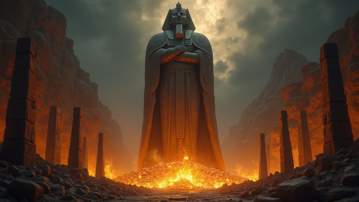 Colossal statue surrounded by treasures and ancient ruins