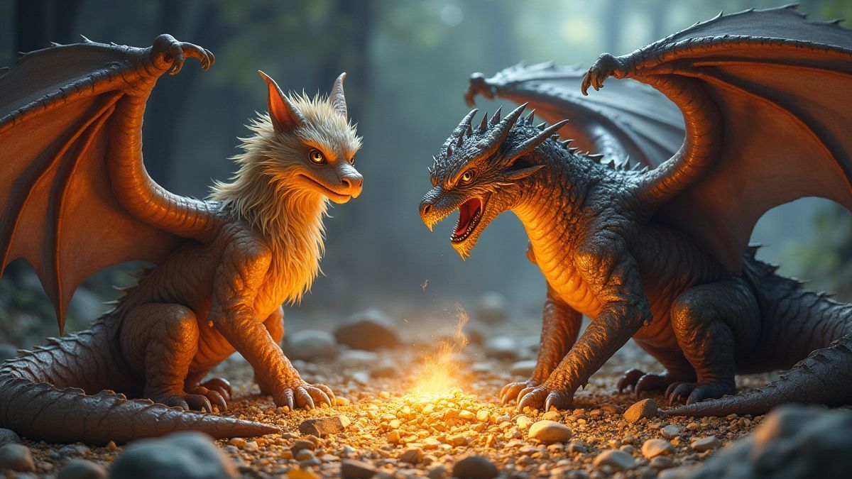 Mythical creatures like griffins and dragons guarding treasures