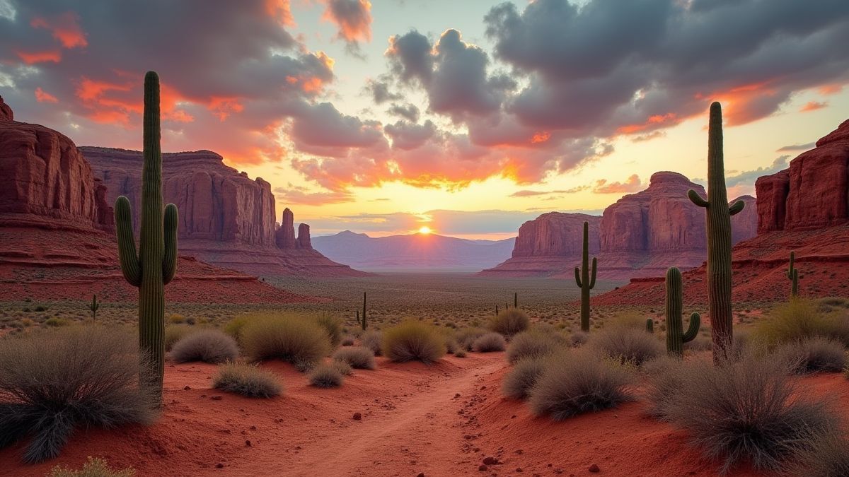 Paisaje desértico con cañones y cactus bajo un cielo dramático.