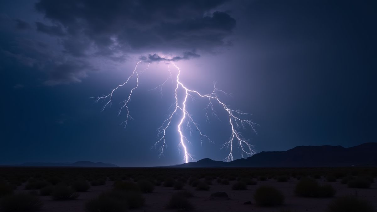 Relámpagos iluminando un paisaje oscuro del desierto.