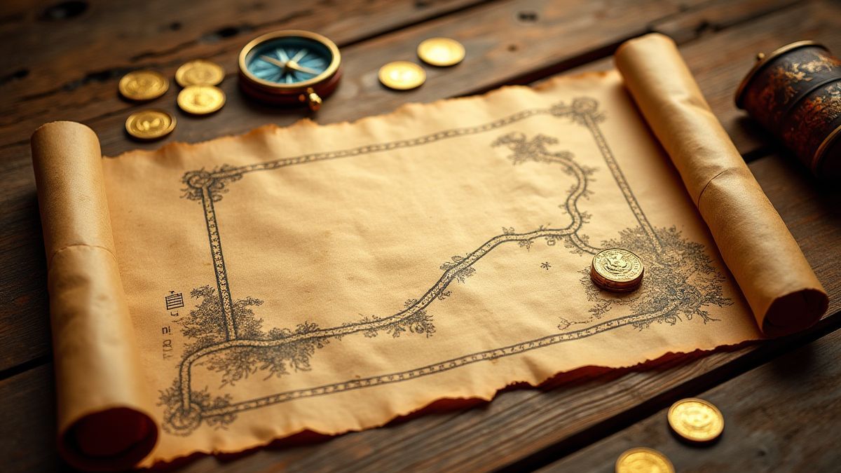 Um mapa do tesouro em uma mesa de madeira cercado por moedas de ouro e uma bússola.