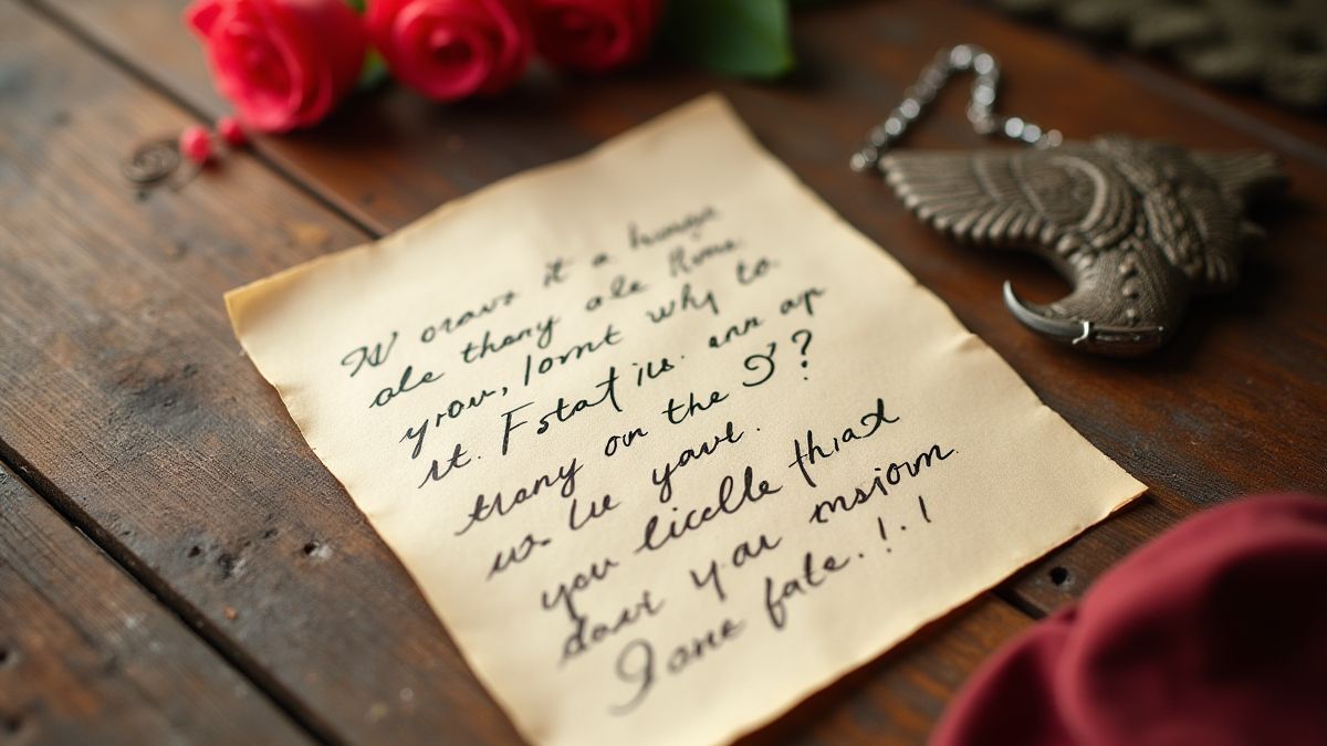 Una carta romántica junto a una insignia militar.