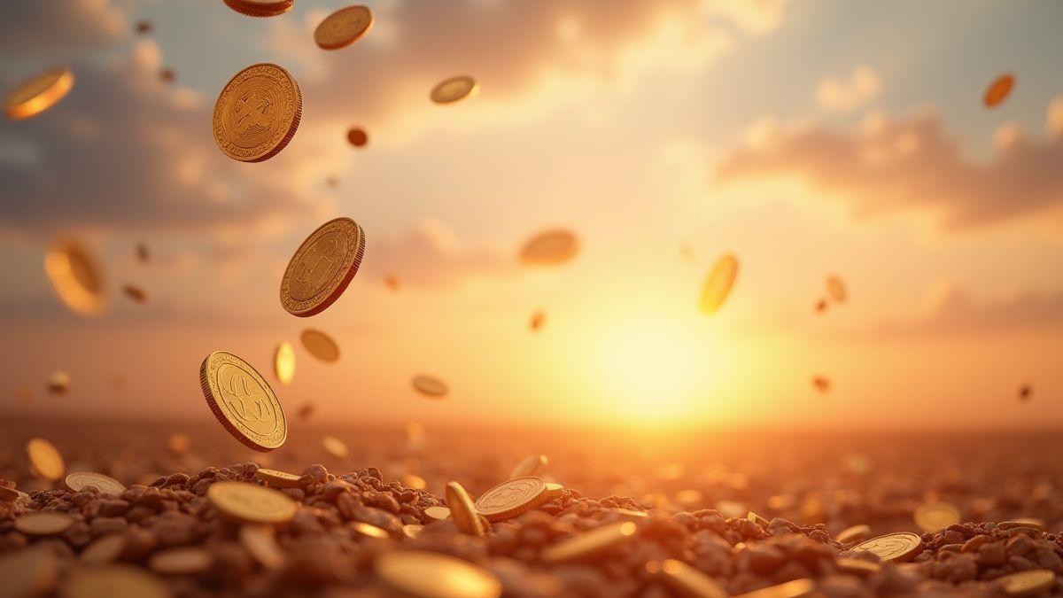 Monedas cayendo sobre un fondo romántico.