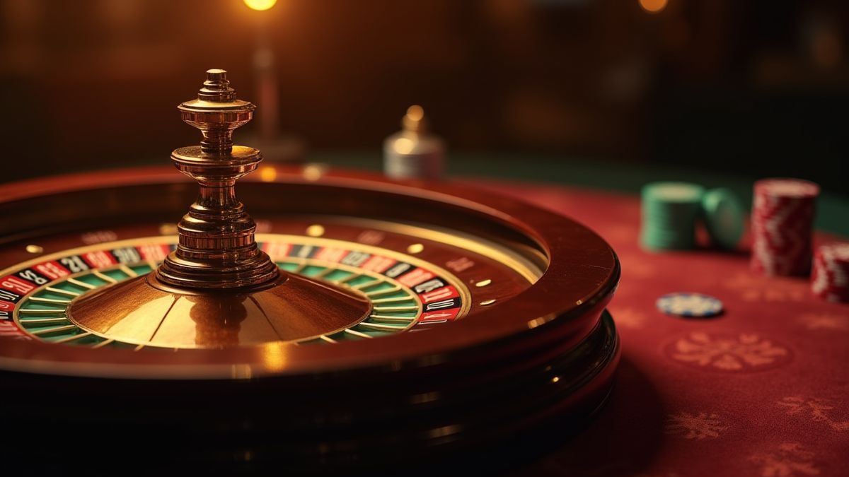 Roda de roleta girando com fichas em um ambiente elegante.