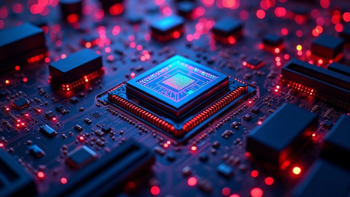 Placa madre futurista con luces de neón.