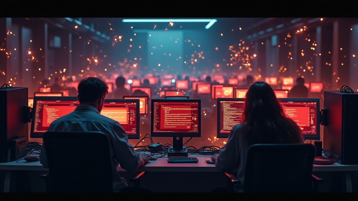Sala de ordenadores en caos con chispas y pantallas con errores.