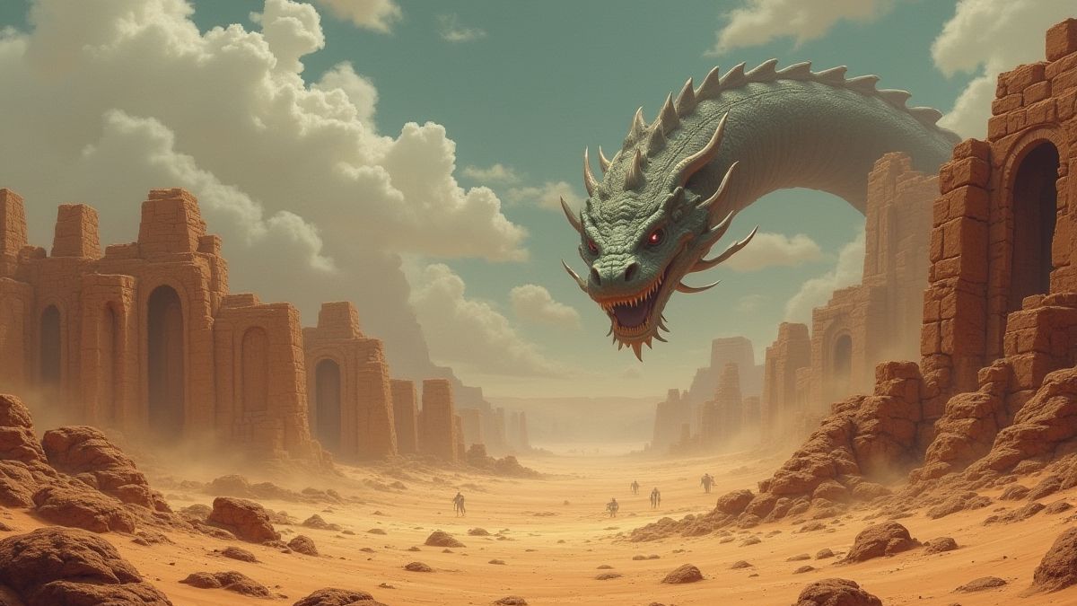 Mystical desert scene with ancient ruins and a giant serpent in the background.