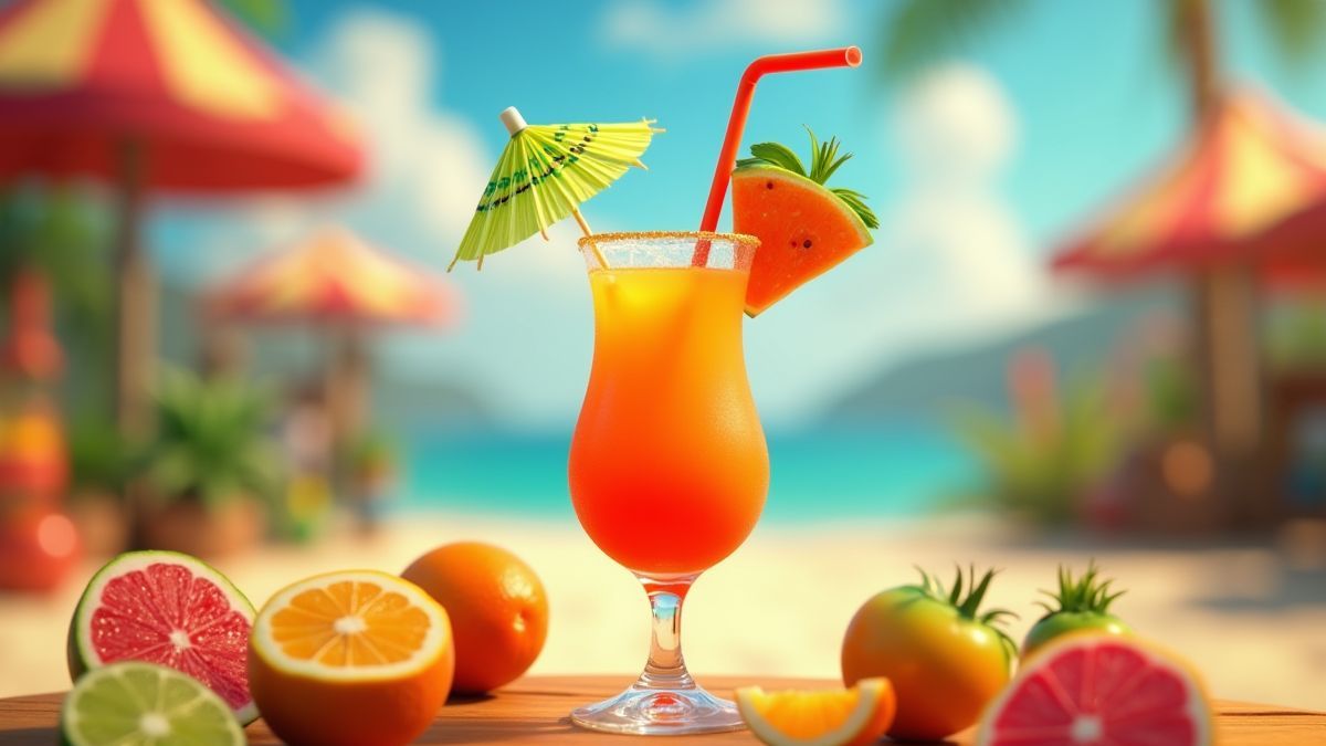 Un cocktail tropical avec des fruits et des parapluies colorés sur un fond de carnaval.