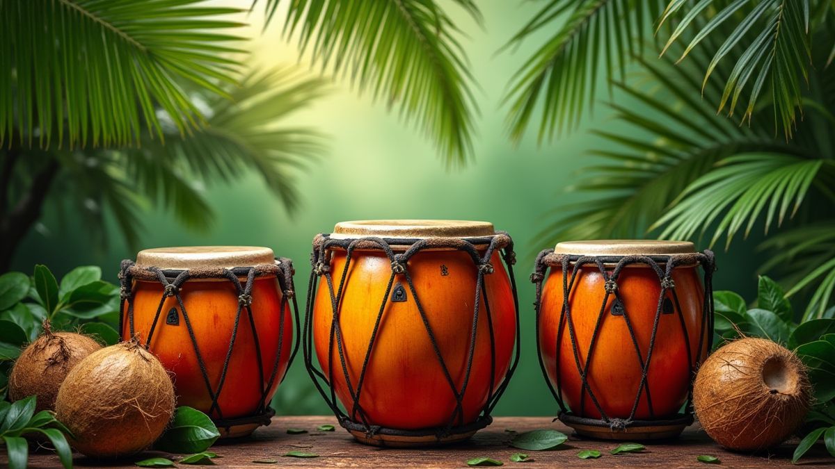 Eine Reggae-Trommel umgeben von Palmenblättern und Kokosnüssen.
