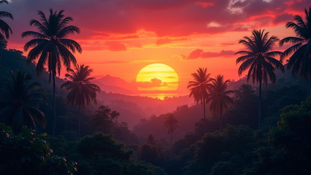 Ein Sonnenuntergang über einem tropischen Dschungel mit lebhaften Farben.