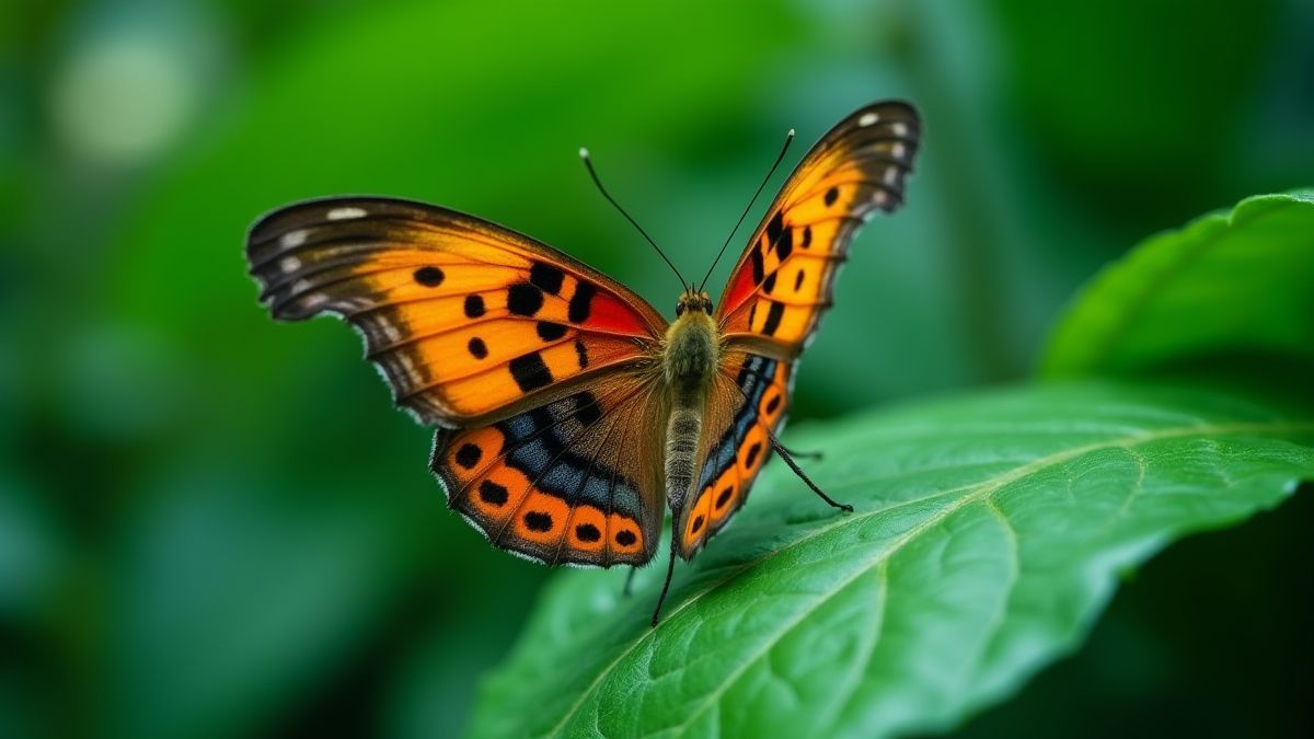 Una mariposa colorida en una hoja de la jungla.