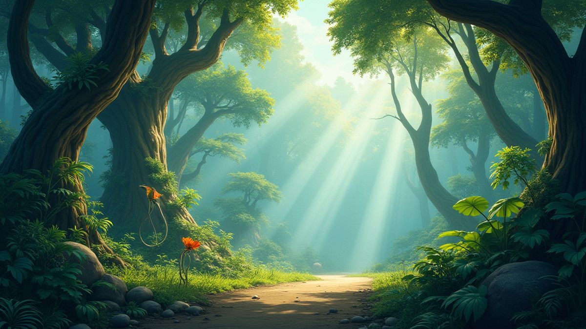 Una escena de la jungla con árboles altos y vida salvaje vibrante.