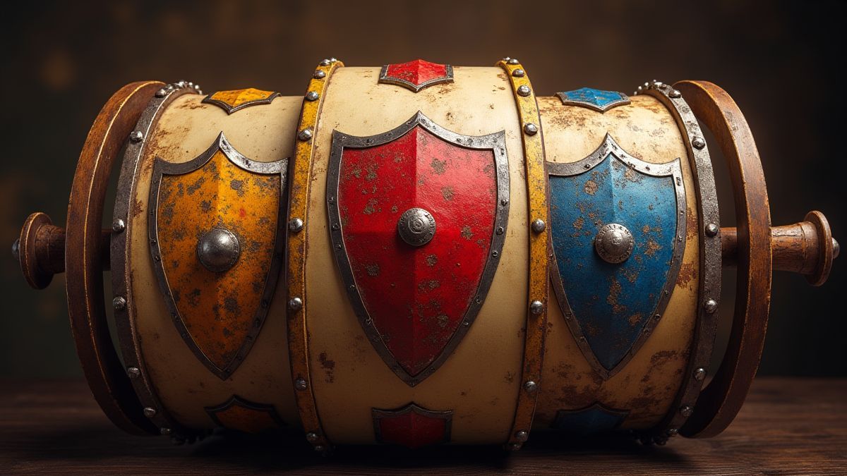 Rodillos giratorios con iconos de temática medieval como escudos y espadas.
