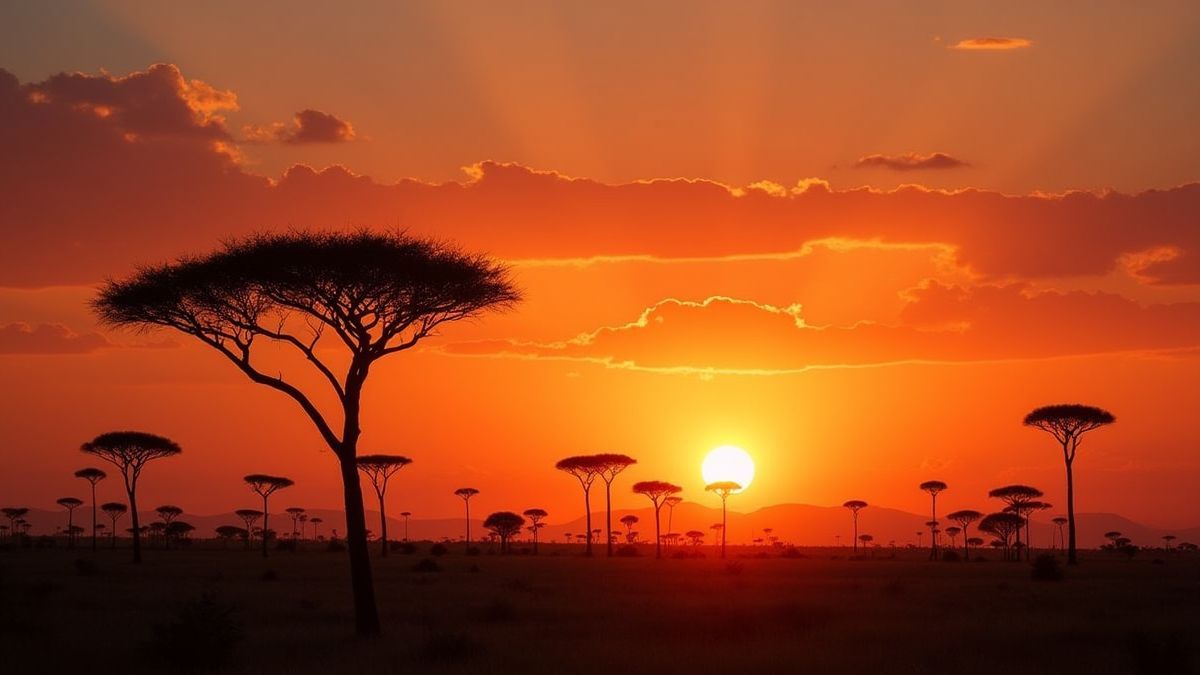 An African sunset with acacia trees silhouetted.