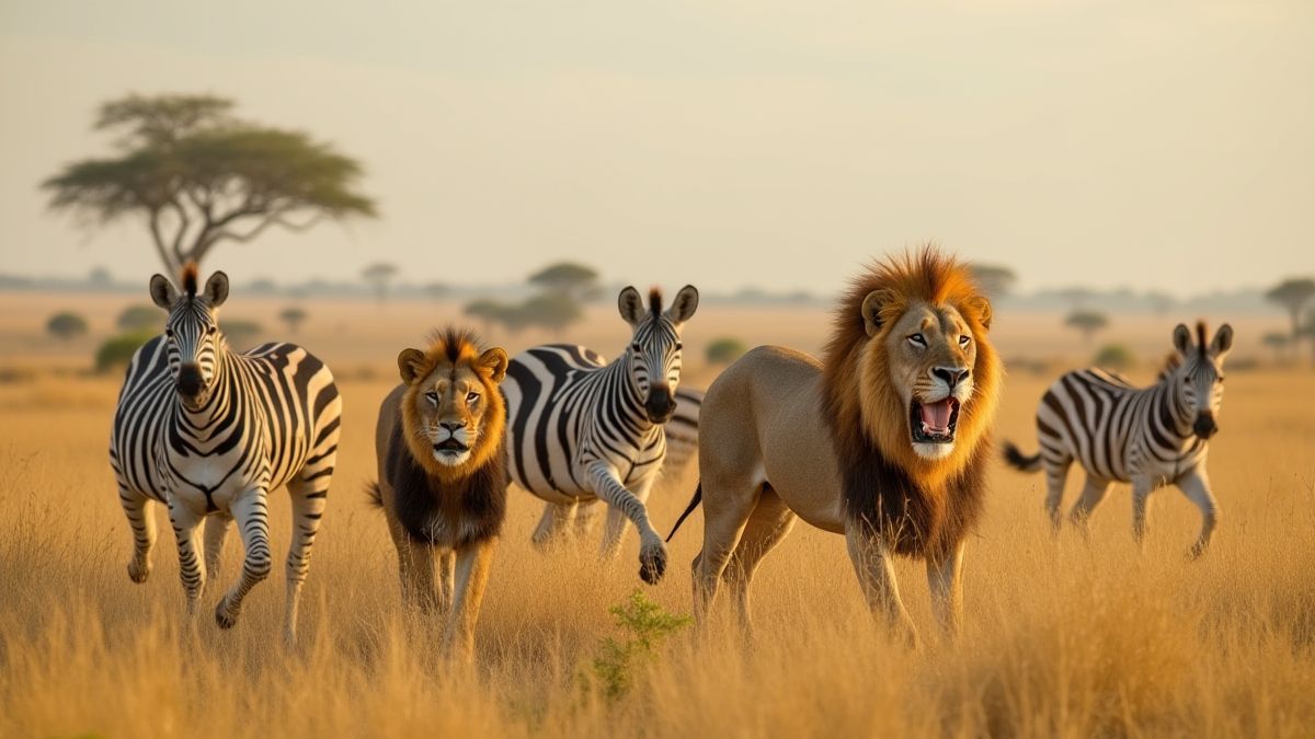 Wild animals like lions and zebras in an African savannah.